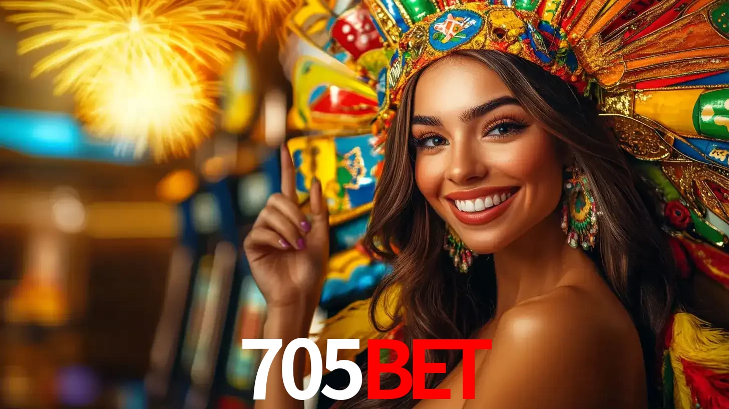 Mulher sorridente com um cocar de carnaval vibrante e colorido, celebrando uma grande vitória nos jogos do cassino 705BET com fogos de artifício ao fundo.
