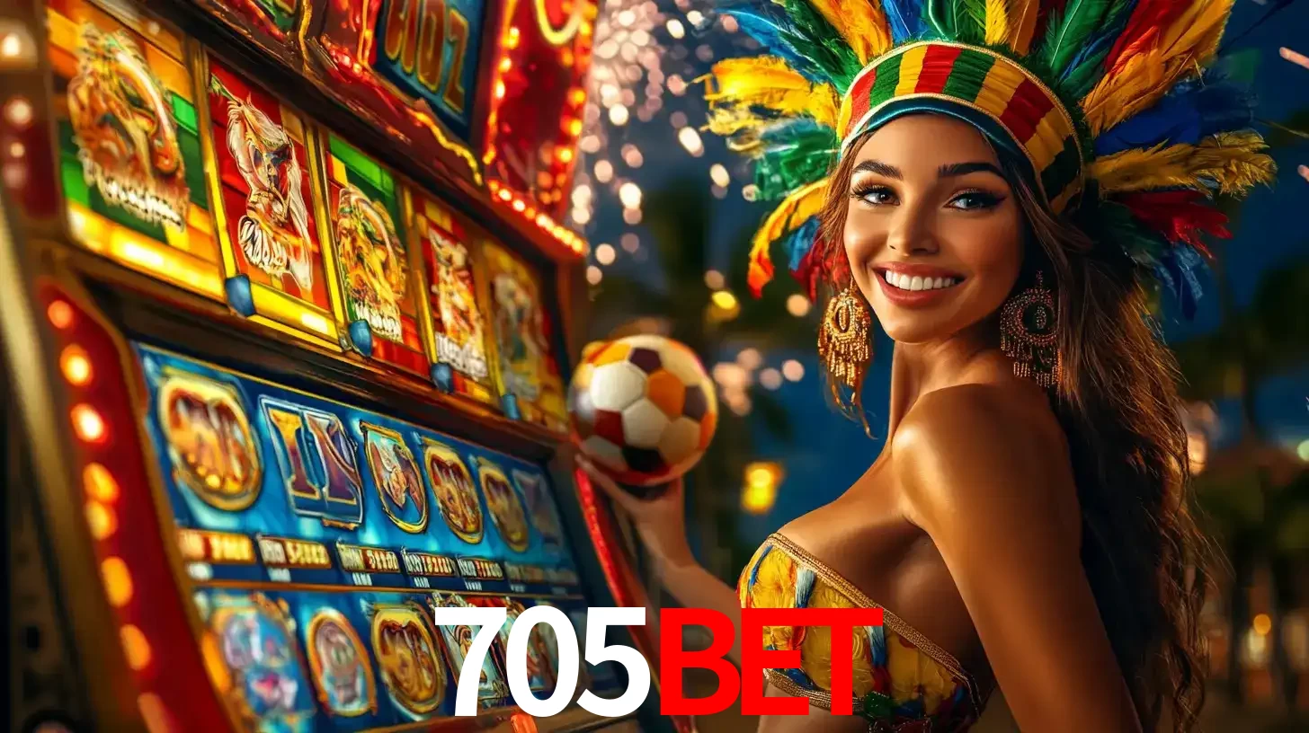 Mulher com um cocar de carnaval ao lado de uma máquina de caça-níqueis enquanto segura uma bola de futebol, mostrando a união da diversão de cassino e esportes no 705BET.