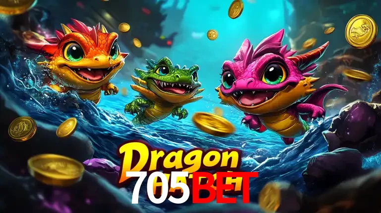 Arte promocional do jogo Dragon Hatch com três adoráveis dragões bebês nadando entre moedas de ouro, um dos slots mais divertidos para jogar no cassino 705BET.