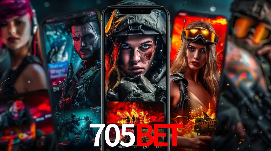 Montagem de telas de celular mostrando diversos personagens, masculinos e femininos, de um jogo de tiro, ilustrando a diversidade de equipes de e-sports para apostar no 705BET.