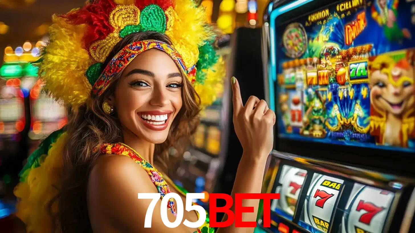 Mulher animada com um cocar de carnaval apontando para uma máquina de caça-níqueis, mostrando a emoção de ganhar um grande prêmio nos jogos do 705BET.