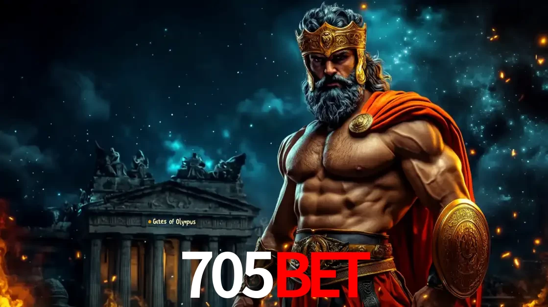 O poderoso Zeus do jogo de slot Gates of Olympus em frente ao seu templo, pronto para lançar multiplicadores divinos e prêmios épicos no cassino online 705BET.