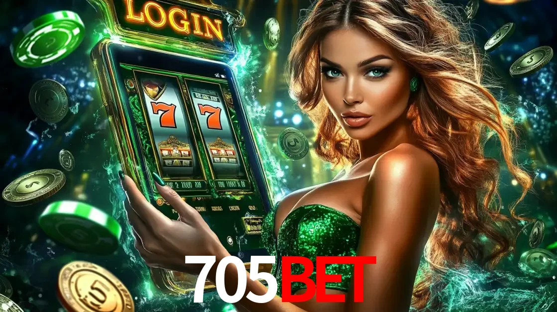 Mulher com tema verde apresentando o aplicativo do cassino 705BET com um jogo de slot de 777, cercada por fichas de cassino e uma aura de sorte.