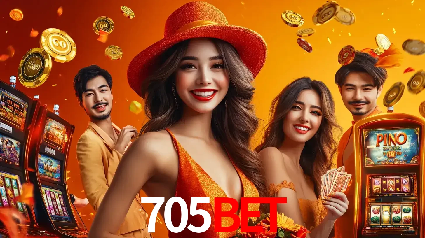 Grupo de amigos asiáticos sorrindo e se divertindo com máquinas de caça-níqueis em um ambiente festivo, celebrando suas vitórias nos jogos de cassino do 705BET.
