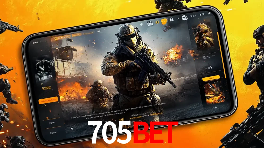 Um smartphone exibindo a interface de um jogo de tiro em primeira pessoa, com um soldado em um cenário de batalha, representando a ação dos e-sports para apostar no 705BET.