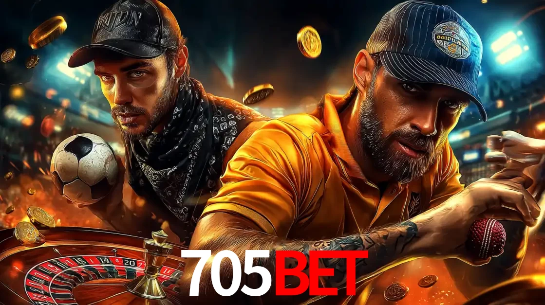 Montagem de apostas esportivas e cassino no 705BET, com um homem segurando uma bola de futebol e outro uma de beisebol sobre uma roleta e moedas voadoras.