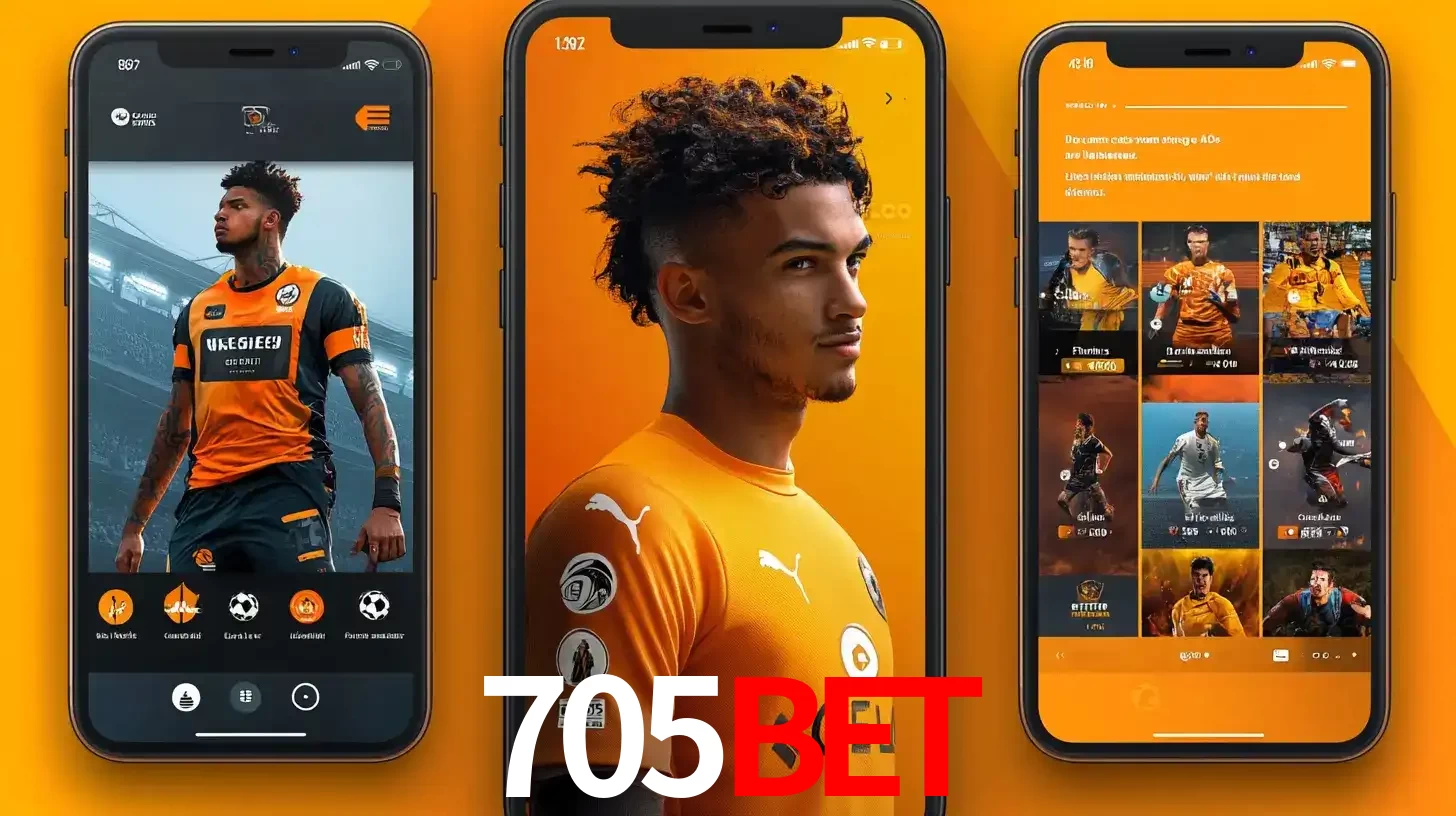 Interface do aplicativo de apostas esportivas 705BET em três telas de celular, mostrando o perfil de um jogador de futebol e a lista de jogos disponíveis para apostar.