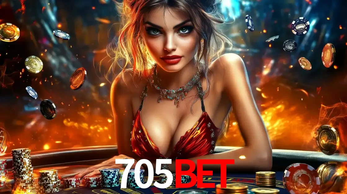 Mulher em uma mesa de cassino com pilhas de fichas e um fundo de fogo, pronta para uma rodada de altas apostas nos jogos de mesa emocionantes do cassino 705BET.