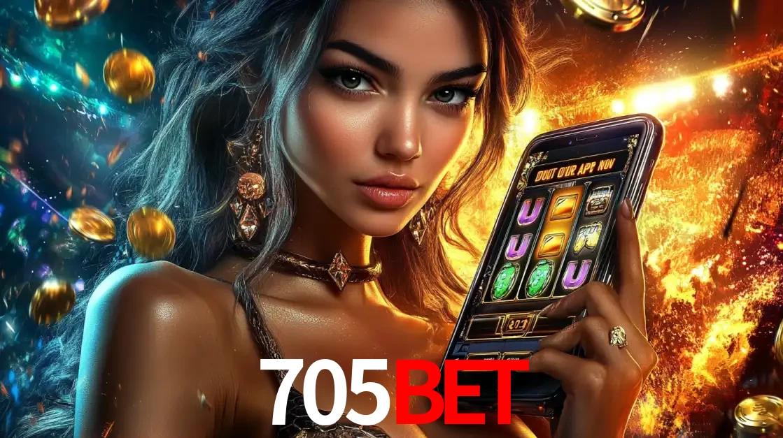 Mulher elegante mostrando um jogo de caça-níqueis em seu smartphone, destacando a experiência de cassino móvel oferecida pelo aplicativo 705BET.