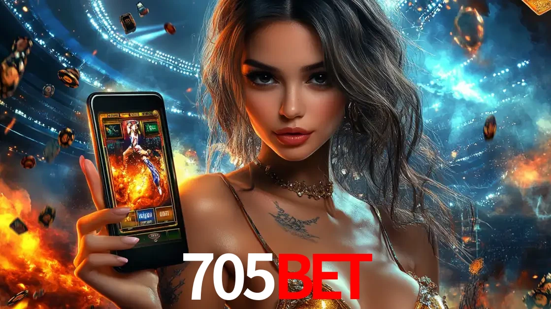 Mulher segurando um celular com um jogo de slot em destaque, tendo como fundo um estádio vibrante, simbolizando a emoção de jogar no cassino móvel 705BET.