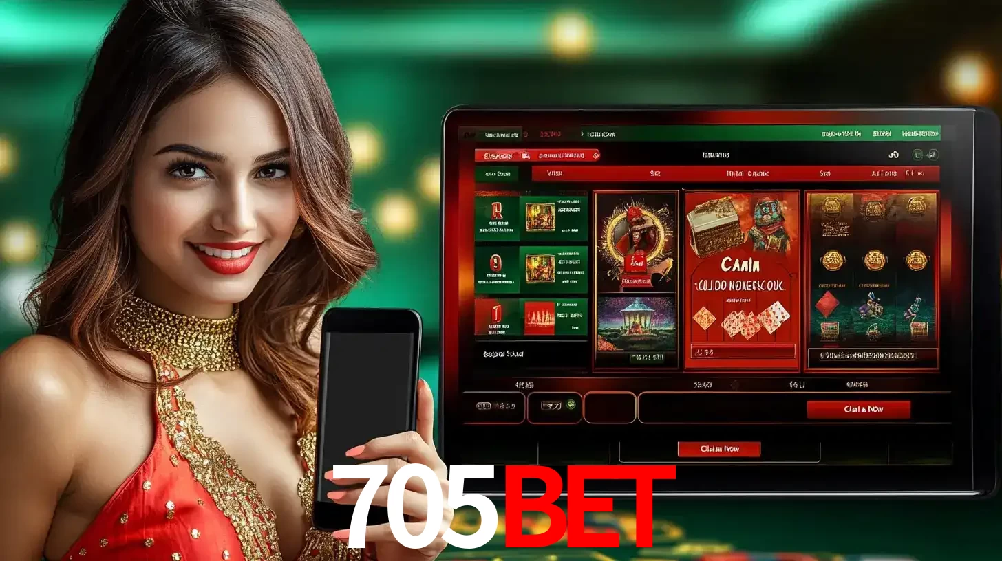 Mulher sorridente segurando um smartphone, ao lado de uma tela exibindo o lobby de jogos do cassino online 705BET, com várias opções de jogos de cartas e slots.